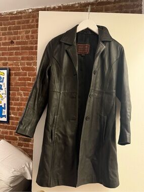 vintage black leather trench, XS mc